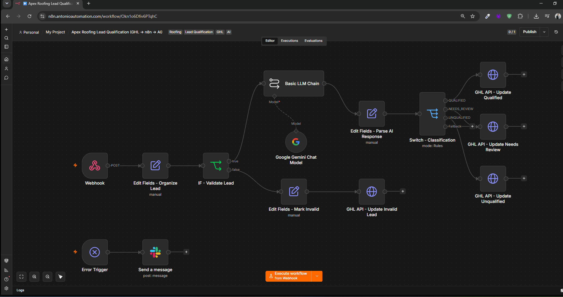 Apex Roof Lead Qualification — Alternate View automation workflow